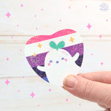 Load image into Gallery viewer, Genderfluid Pride Ghostie Holographic Laminated Heart Sticker