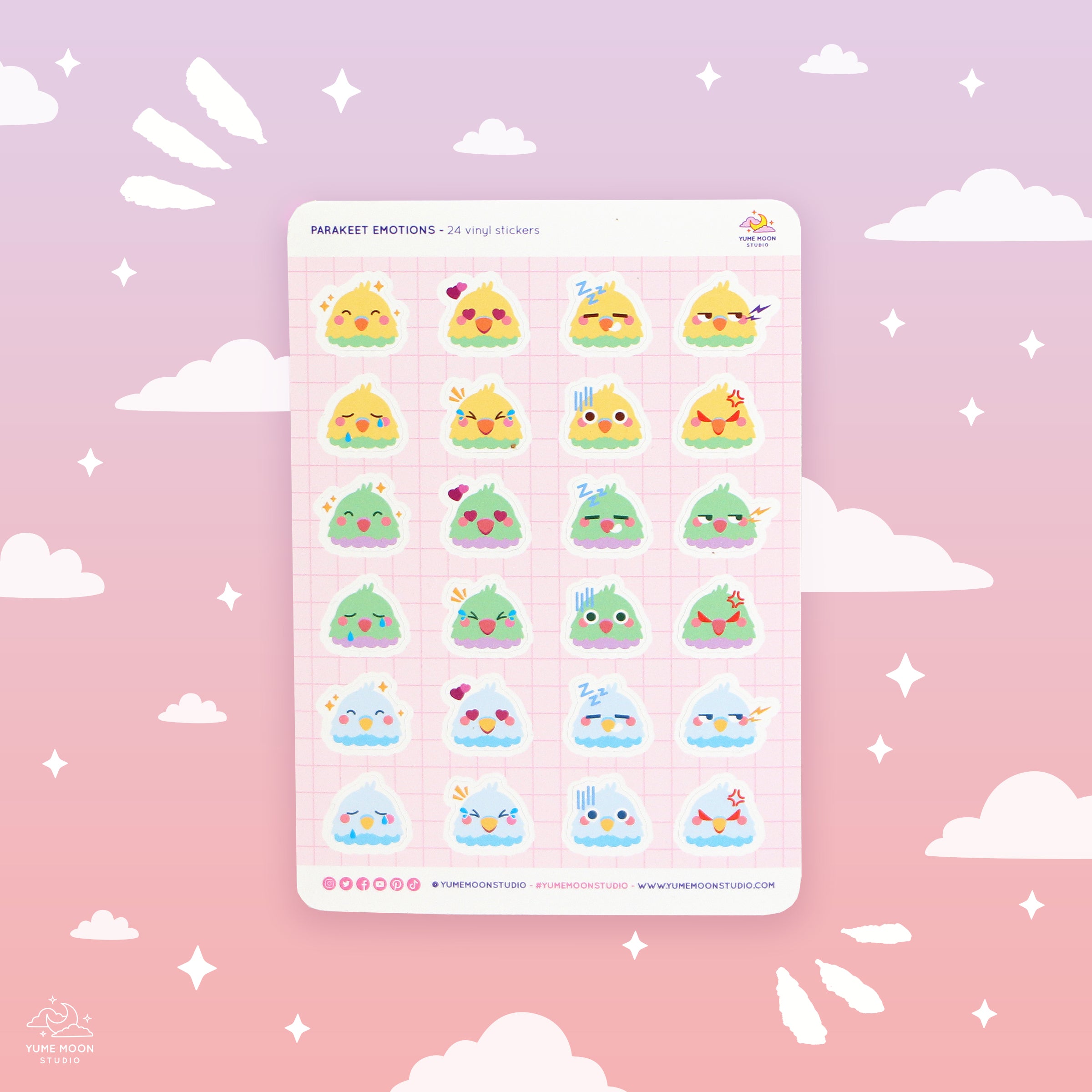 Parakeet Emotions Sticker Sheet Yume Moon Studio