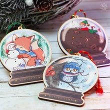 Load image into Gallery viewer, Owl & Squirrel Snowglobe Wooden Ornament