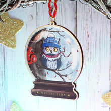 Load image into Gallery viewer, Owl & Squirrel Snowglobe Wooden Ornament