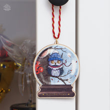 Load image into Gallery viewer, Owl & Squirrel Snowglobe Wooden Ornament