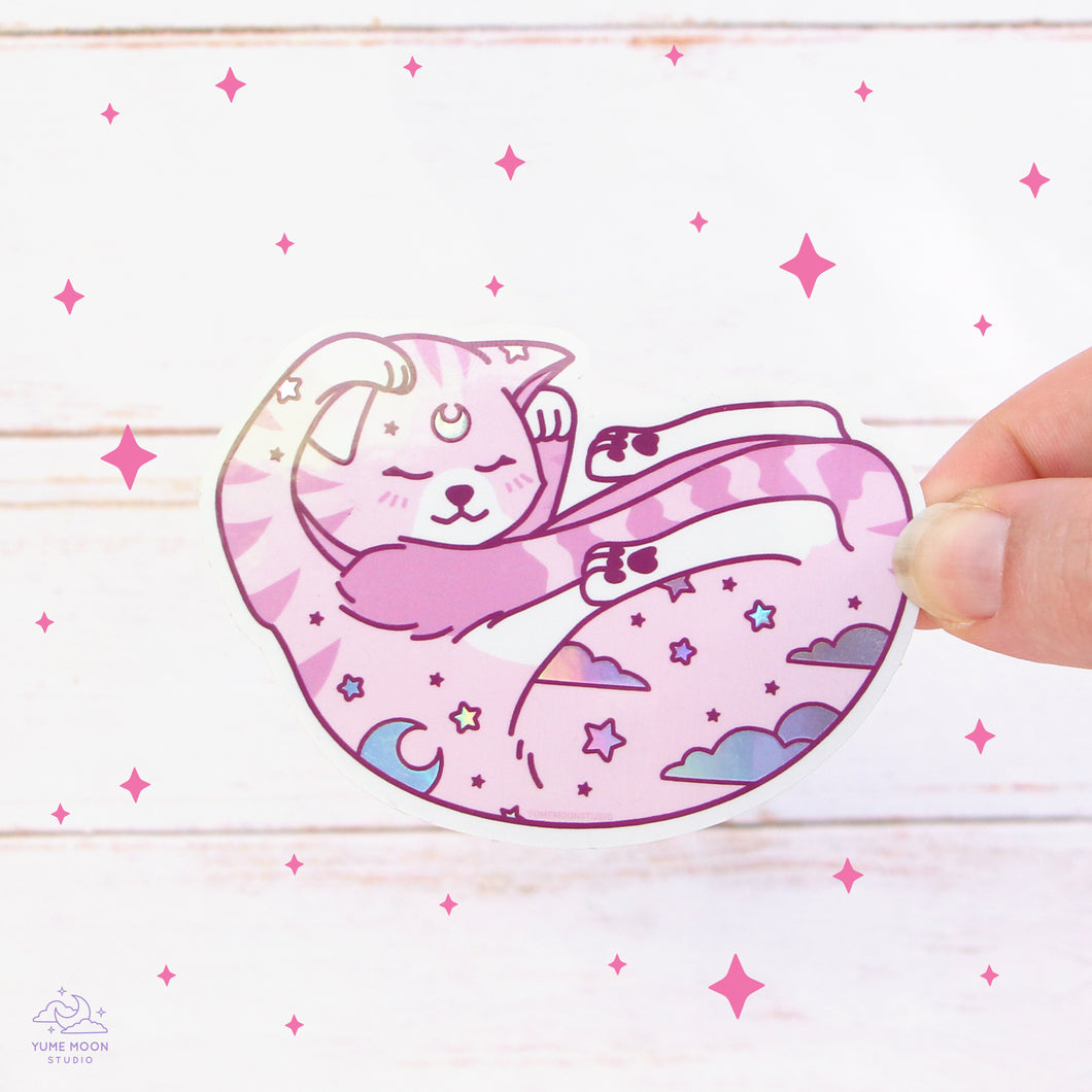 Dreaming Pink Cat Holographic Sticker