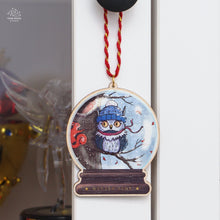 Load image into Gallery viewer, Owl &amp; Squirrel Snowglobe Wooden Ornament
